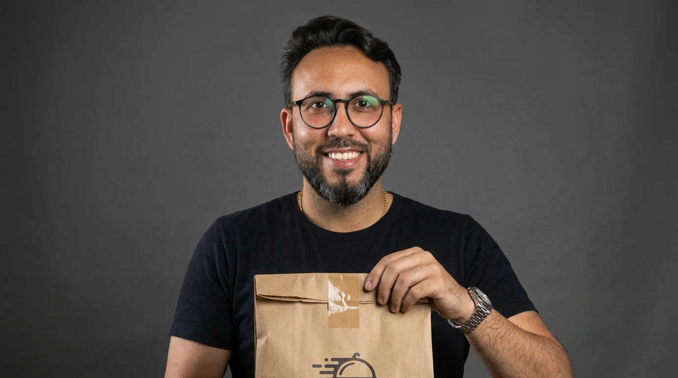 Pedro Leite sorrindo segurando uma bag de delivery