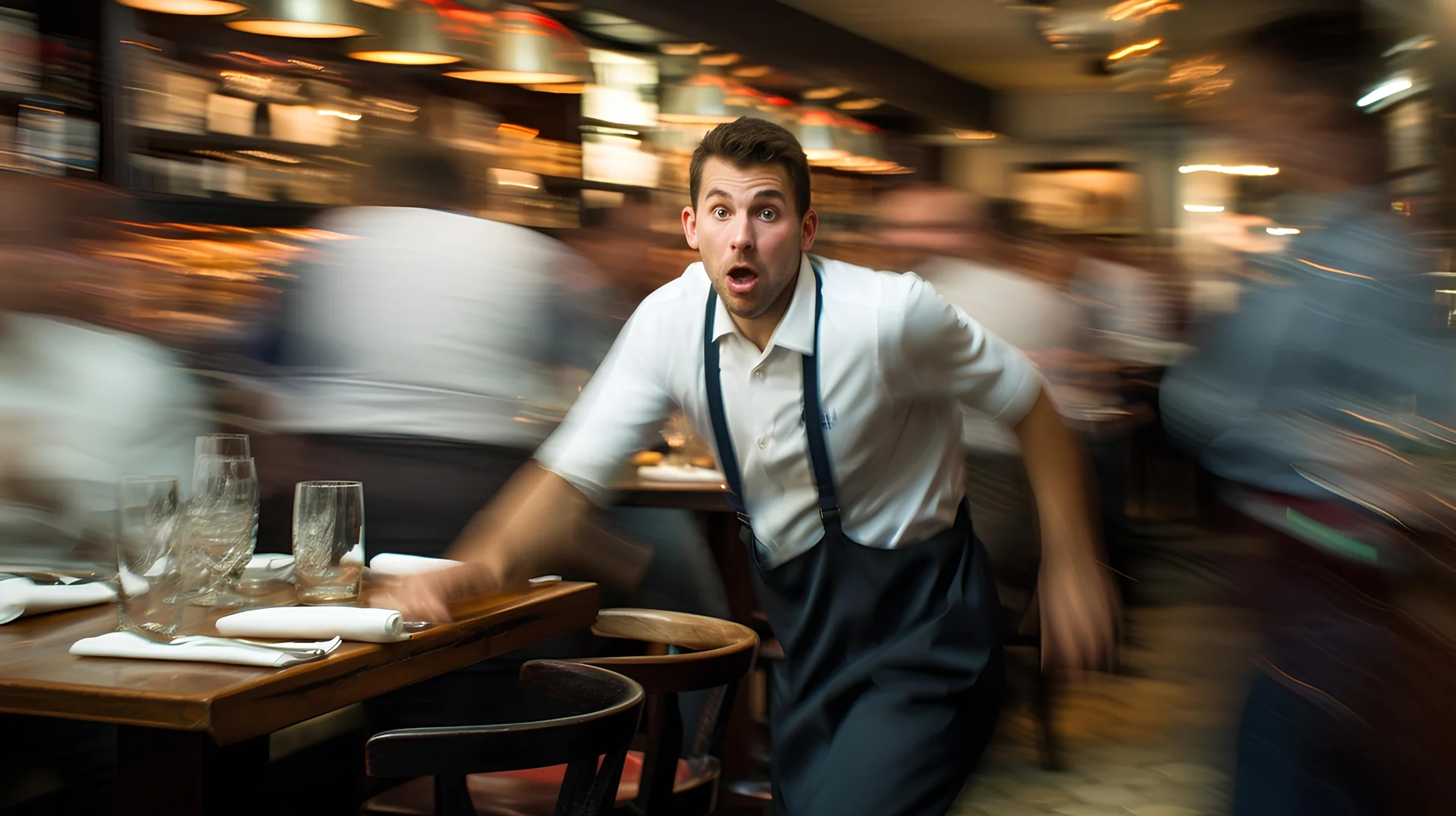 Garçom estressado em restaurante movimentado