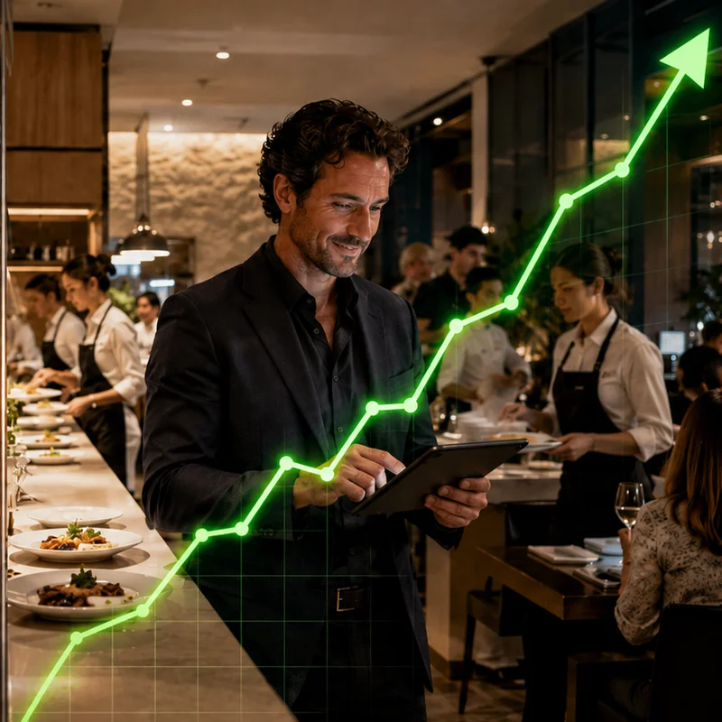 Dono de restaurante sorrindo com tablet em mãos, com gráfico verde em alta sobreposto