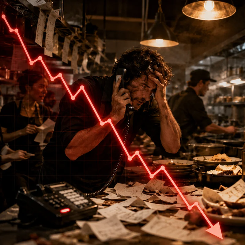 Dono de restaurante estressado ao telefone em meio a notas, com gráfico vermelho em queda sobreposto
