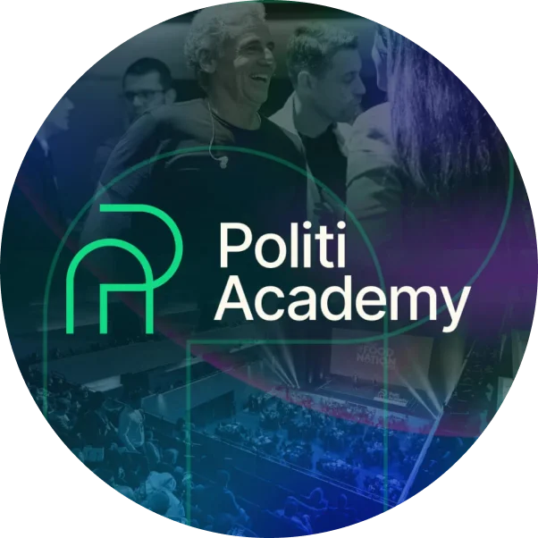 Globo terrestre estilizado com o logo da Politi Academy sobreposto