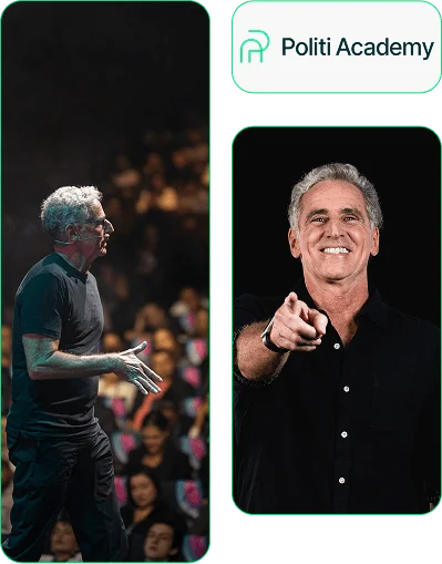 Marcelo Politi: à esquerda falando no palco; à direita sorrindo e apontando para a câmera. Logotipo da Politi Academy acima.