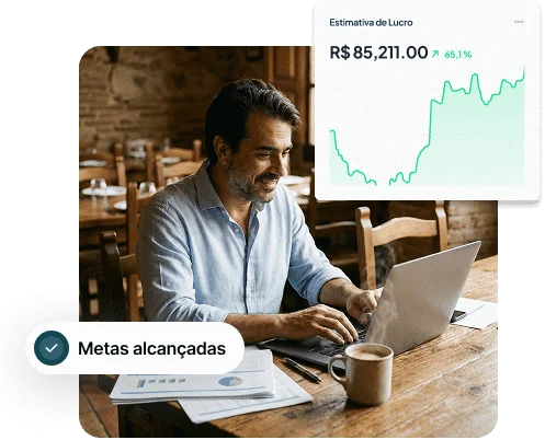 Homem trabalhando em um laptop com café, um gráfico de crescimento de lucros e uma notificação "Metas alcançadas" na tela.