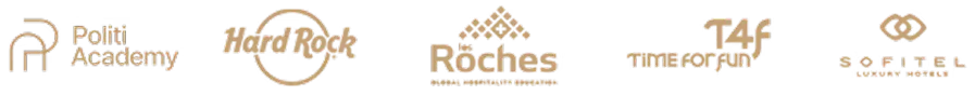Logos profissionais: Politi Academy, Hard Rock Café, Les Roches, T44 Time for Fun, Sofitel Luxury Hotels