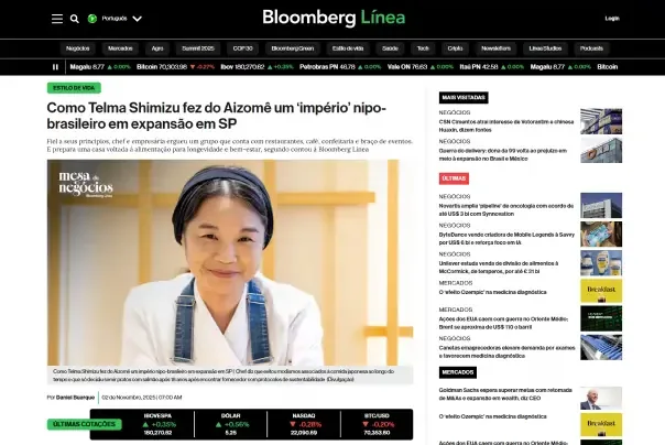 Telma Shimizu em matéria da Bloomberg Línea — restaurante Aizomê