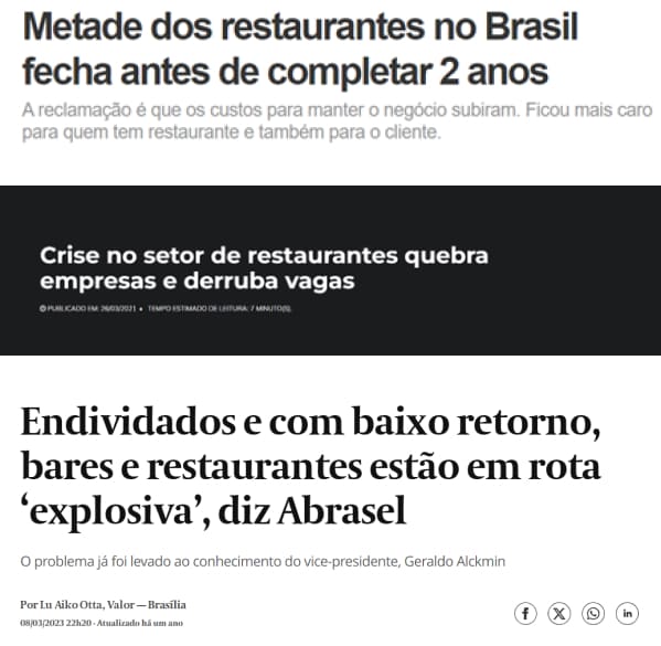 Dois recortes de notícias portuguesas discutindo as dificuldades financeiras de restaurantes e bares no Brasil, com datas e créditos dos autores visíveis. Palavras-chave SEO não aplicáveis.