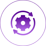 Um ícone circular roxo apresentando uma engrenagem com uma seta circulando, representando ignição, indicando um processo ou configuração do sistema, exibido em um fundo preto.