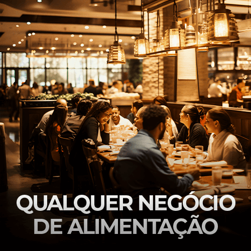 Um grupo de pessoas jantando em um restaurante movimentado com iluminação aconchegante e decoração moderna. O texto na parte inferior em português diz: “Qualquer Negócio de Alimentação.