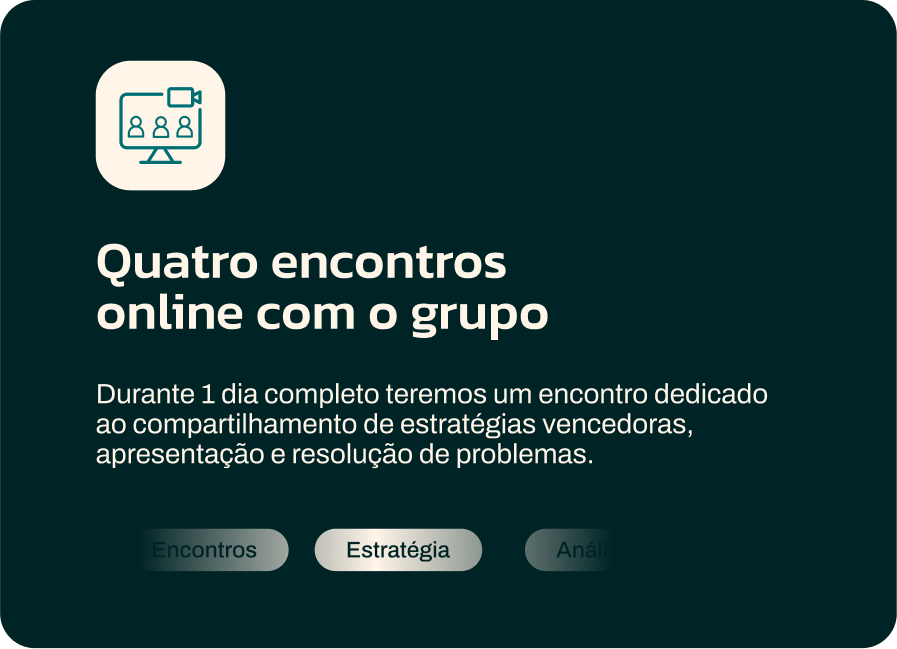 Um slide verde escuro com texto branco contendo detalhes sobre quatro reuniões de grupo on-line focadas no compartilhamento de estratégias, apresentações e resolução de problemas. Três botões de navegação estão identificados: Encontros, Estratégia, Análise. Perfeito para qualquer clube que busca aprimorar suas estratégias de trabalho em equipe.