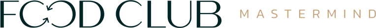 Logotipo com os dizeres "FOOD CLUB" à esquerda e "MASTERMIND" à direita, desenhado em uma fonte limpa e moderna.