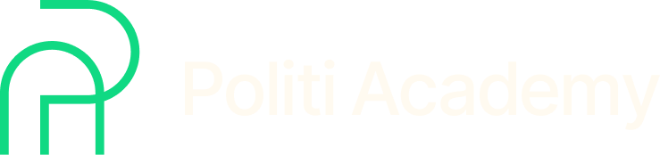 Logotipo da Politi Academy com um desenho abstrato verde à esquerda e texto branco em um fundo preto.